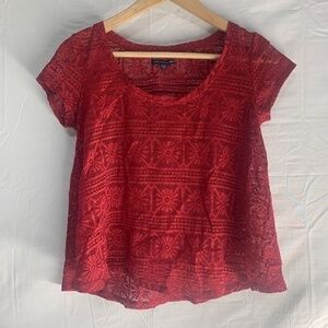 American Eagle Red Short Sleeve Floral Lace Top XS